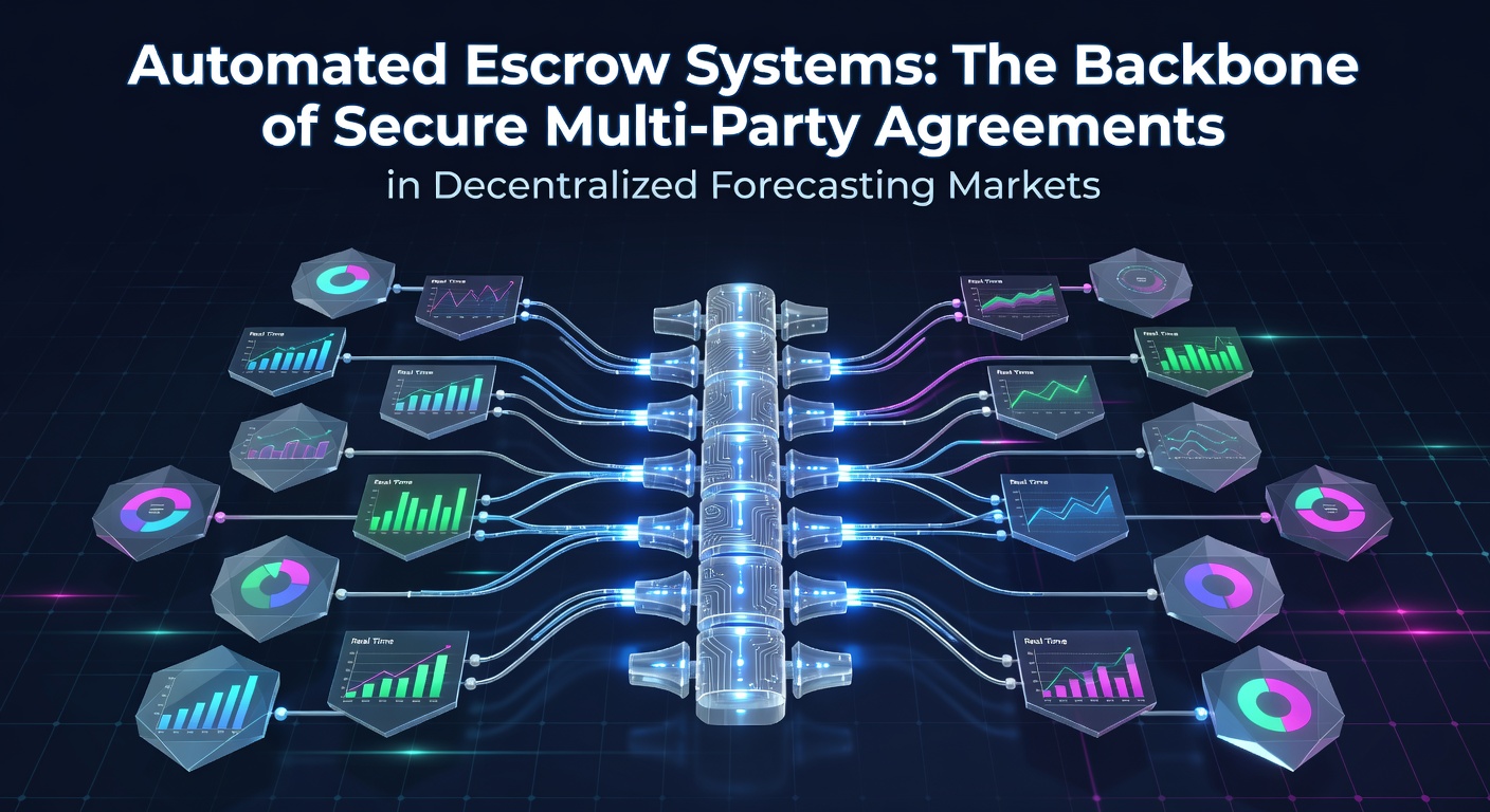Automatisierte Escrow-Systeme visualisiert als sichere Blockchain-Transaktionen zwischen mehreren Parteien in Prognosemärkten