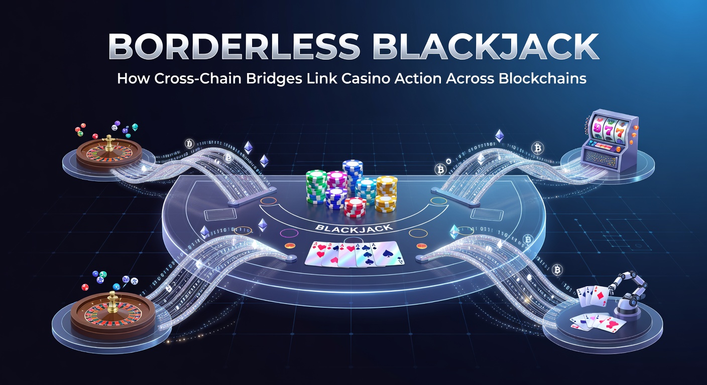 Darstellung einer Cross-Chain-Brücke, die Blockchain-Netzwerke mit Blackjack-Spieltischen verbindet, in leuchtenden Neonfarben