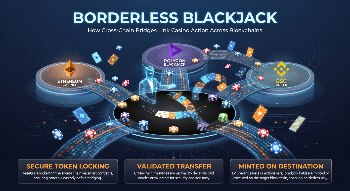 Visuelle Grafik eines Blackjack-Tisches, der durch leuchtende Brücken mit Ethereum, Solana und Polygon-Netzwerken verbunden ist