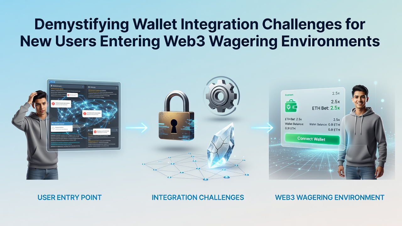Illustration einer Wallet-Integration in einer Web3-Wettplattform mit Benutzeroberfläche und Blockchain-Elementen