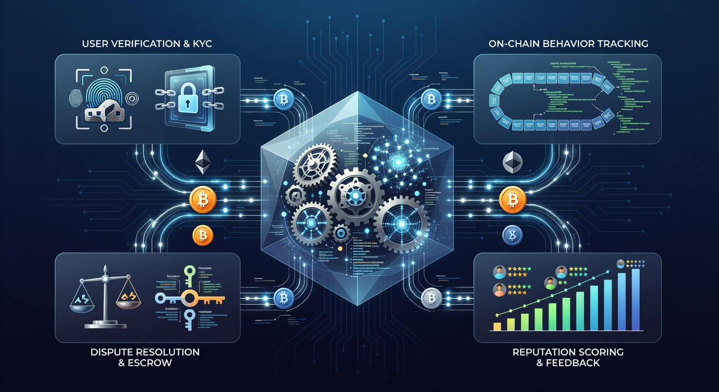 Visualisierung der Funktionsweise von Reputationssystemen in dezentralen Krypto-Wettplattformen mit Blockchain-Elementen