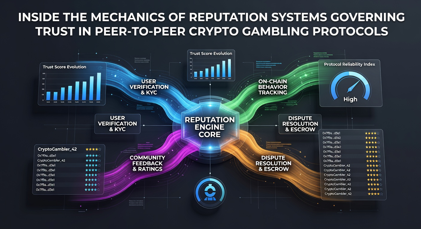 Darstellung von Score-Berechnungen und Peer-Bewertungen in einem P2P-Krypto-Glücksspielnetzwerk