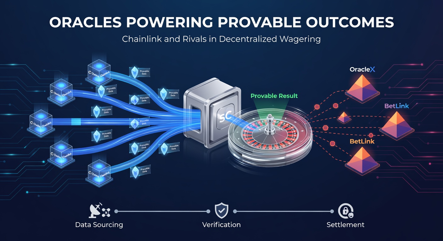 Grafik zeigt Chainlink-Orakel, die Datenströme in eine Blockchain-Welt leiten, symbolisch für sichere Wettenverifizierung