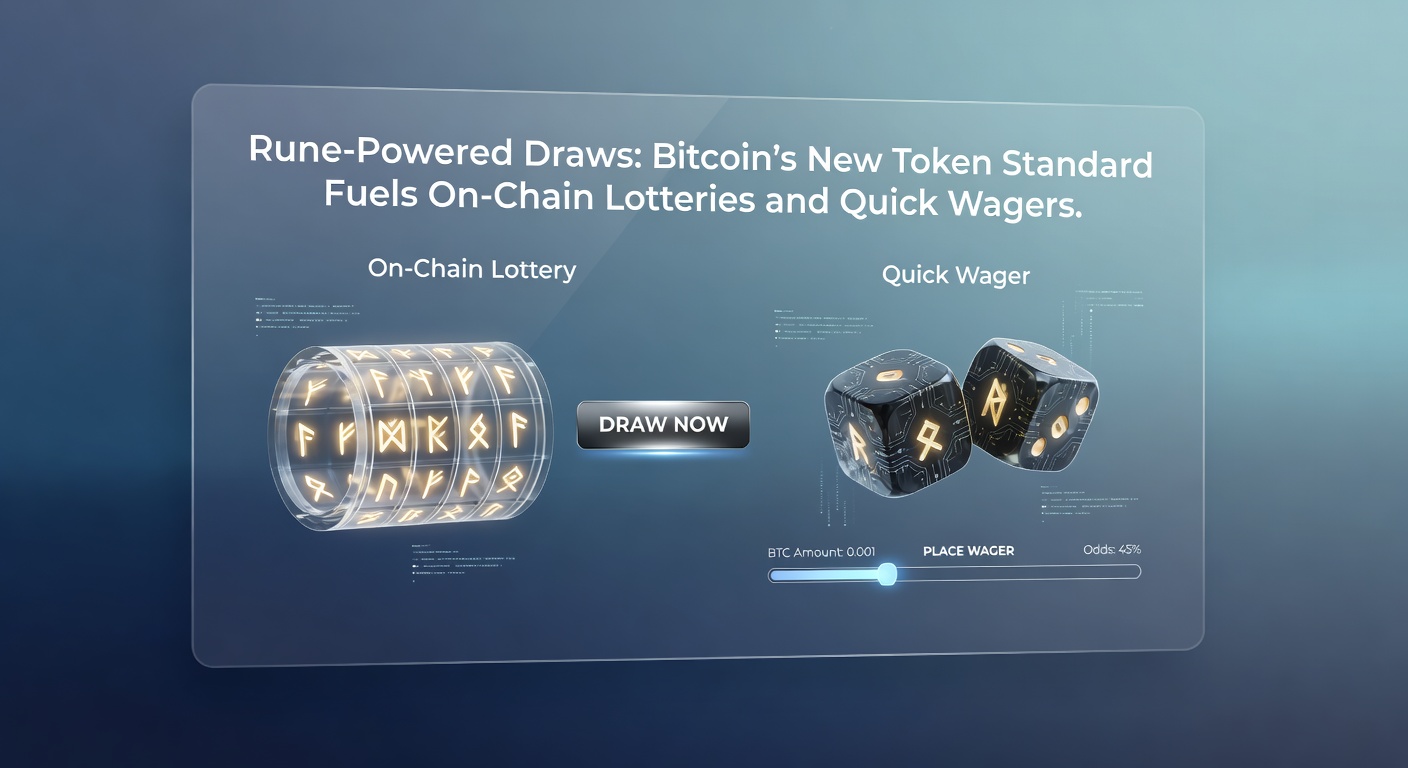 Visualisierung von Runes-Tokens auf der Bitcoin-Blockchain, die eine Lotterie-Ziehung symbolisieren, mit leuchtenden Runen-Symbolen und Bitcoin-Logos im Hintergrund