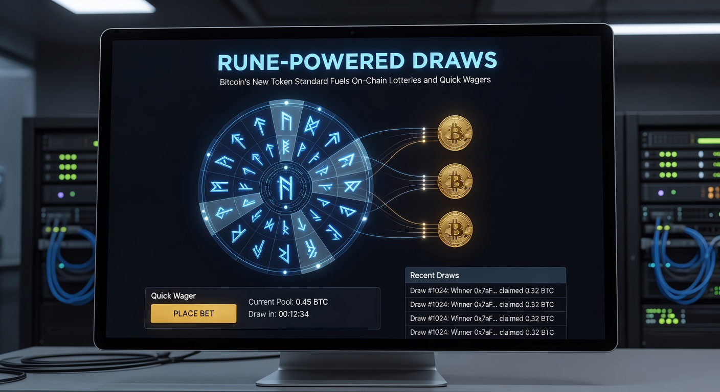 Detaillierte Grafik einer Runes-basierten Blitzwette auf Bitcoin, mit Zeitachse für Transaktionen, Token-Transfers und Gewinn-Auszahlung in Echtzeit