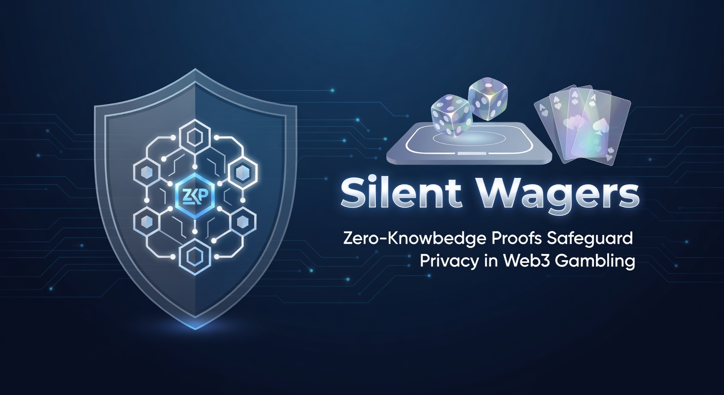 Visuelle Grafik eines Zero-Knowledge-Proof-Prozesses mit Blockchain-Elementen, Schlüsseln und Würfeln, die Anonymität in Wetten illustrieren