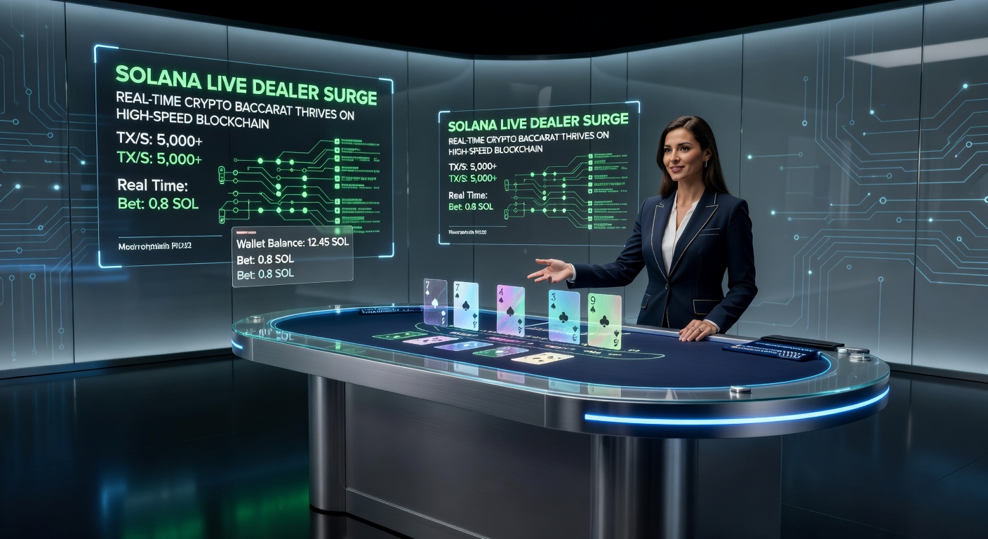 Live-Dealer-Tisch mit Solana-Integration: Ein Dealer verteilt Karten in einem Baccarat-Spiel, während Blockchain-Transaktionen in Echtzeit ablaufen