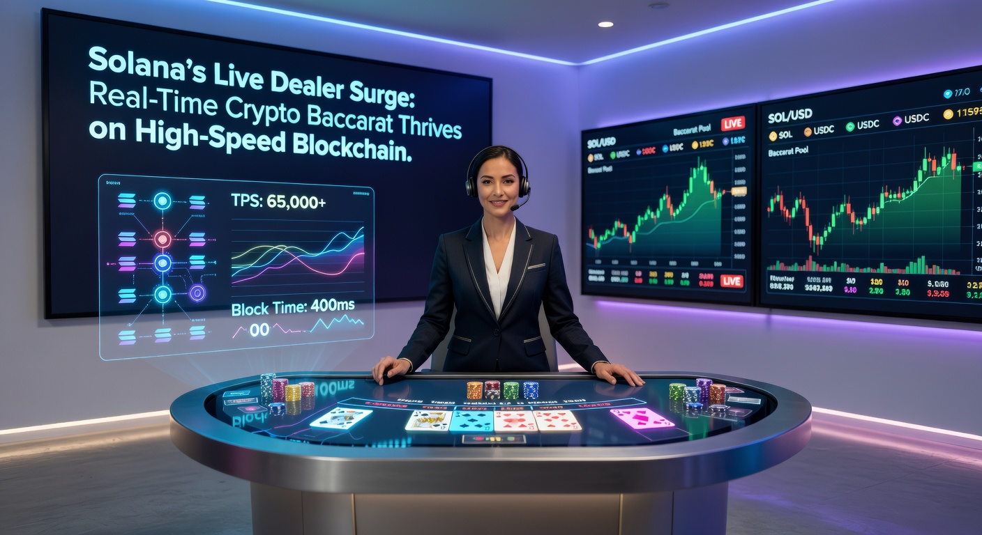 Solana-Blockchain-Visualisierung: Grafik zeigt hohe TPS-Raten bei Live-Baccarat-Transaktionen, mit Karten und Crypto-Wallets im Vordergrund