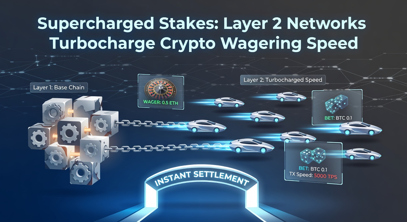 Abstrakte Darstellung eines Layer-2-Netzwerks, das schnelle Blockchain-Transaktionen für Krypto-Wetten visualisiert, mit leuchtenden Blöcken und Pfeilen für hohe Geschwindigkeit