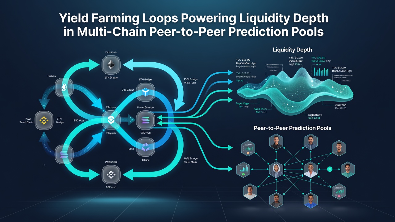 Technische Darstellung automatisierter Yield-Farming-Schleifen mit Cross-Chain-Liquiditätsflüssen und Prognosepool-Interaktionen